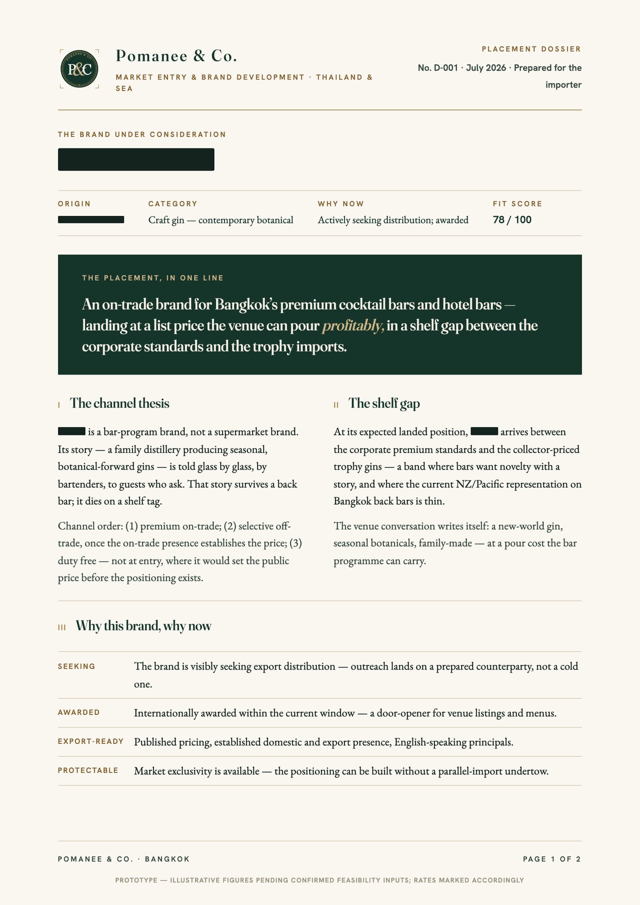 Page one of a Pomanee & Co. placement dossier, brand name redacted: the placement verdict, the channel thesis and 'why this brand, why now', set in warm paper and bottle green.